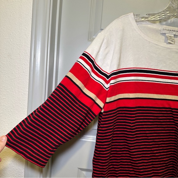 Sag Harbor Red/White/Black Striped 3/4 Sleeve Top size 2X - Picture 4 of 7